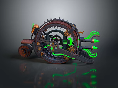Steampunk Motorcycle With Large Spiked Wheel Mechanical Gears And Glowing Green Accents 3d model