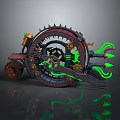 Steampunk Motorcycle With Large Spiked Wheel Mechanical Gears And Glowing Green Accents