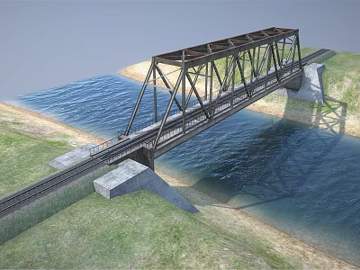 Steel Railway Bridge Structure Spanning Water With Concrete Piers And Rail Tracks 3d model