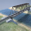 Steel Railway Bridge Structure Spanning Water With Concrete Piers And Rail Tracks