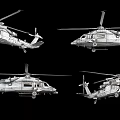 Four Red and Green Helicopters of Various Types Flying in Air