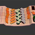 Fresh Sushi Platter With Salmon Slices Various Rolls Soy Sauce Chopsticks And Green Tea
