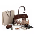 Stylish Beige Tote Bag And Brown Cowhide Pattern Handbag With Cosmetics Coffee And Books