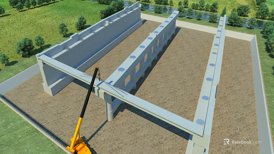 Construction Site Featuring Structural Framework Yellow Crane On Sandy Ground With Green Grass And Trees 3d model 