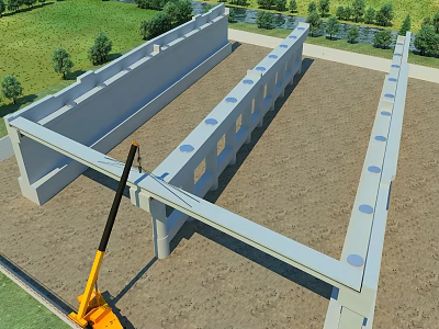 Construction Site Featuring Structural Framework Yellow Crane On Sandy Ground With Green Grass And Trees 3d model
