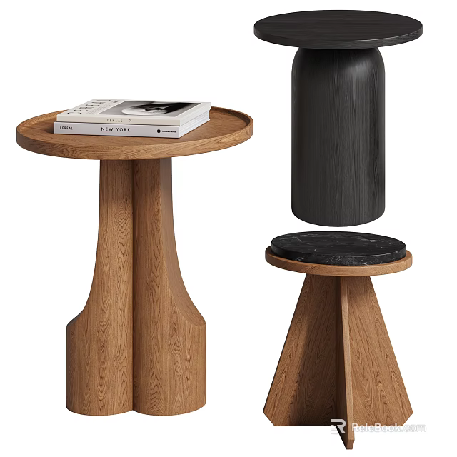 Elegant Wooden Side Tables With Round Top Marble Accent And Decorative Book Vase Decoration 3d model 