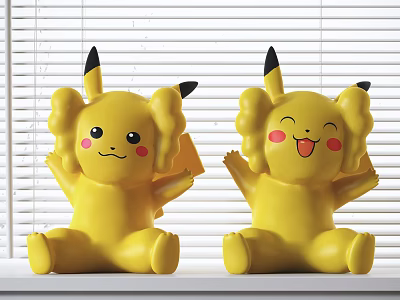 Two Yellow Plush Toys With Red Cheeks And Different Expressions Sitting On Windowsill 3d model
