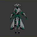 3D Character with Ornate Green White Costume Purple Accents and Flowing Elements