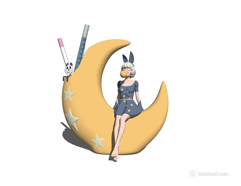Moon Shaped Decorative Ornament Set With Star Accents And Girl Figure In Blue Dress 3d model 
