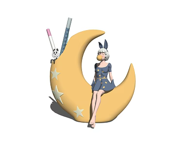 Moon Shaped Decorative Ornament Set With Star Accents And Girl Figure In Blue Dress 3d model