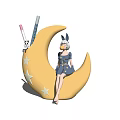 Moon Shaped Decorative Ornament Set With Star Accents And Girl Figure In Blue Dress