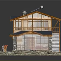 Cartoon Style Wooden House Model With Blue Roof Balcony Staircase Stone Base And Statues