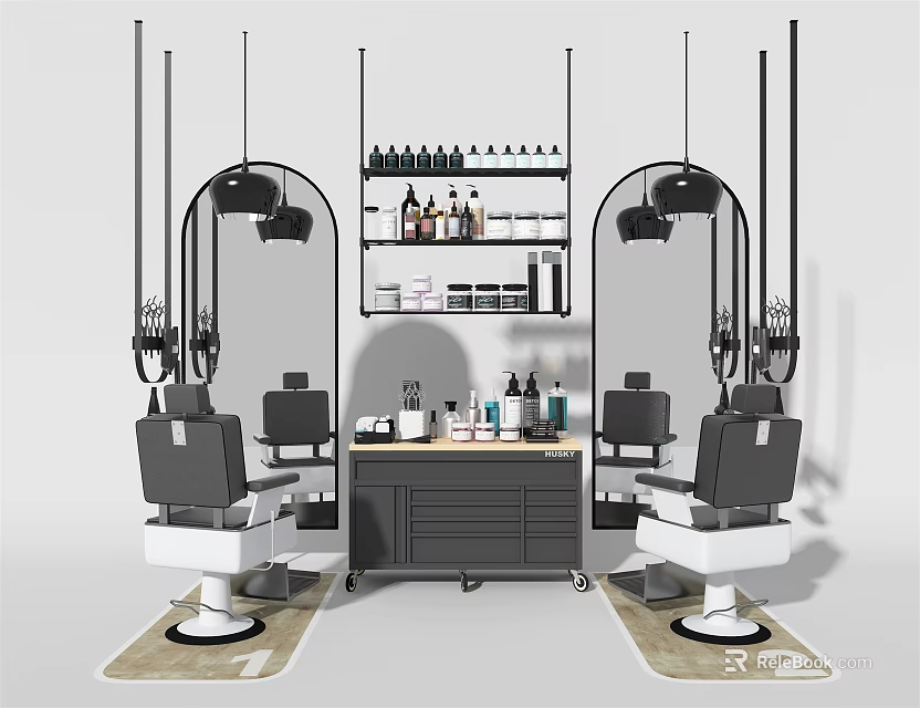 Professional Commercial Barber Shop Equipment With Chairs Mirrors Shelves And Workstation 3d model 