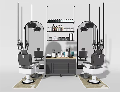 Professional Commercial Barber Shop Equipment With Chairs Mirrors Shelves And Workstation 3d model