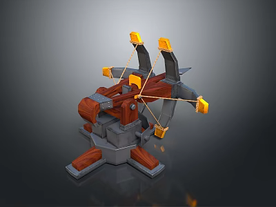 Medieval Multi Armed Mechanical Weapon With Wooden Structure Metal Base And Yellow Components 3d model
