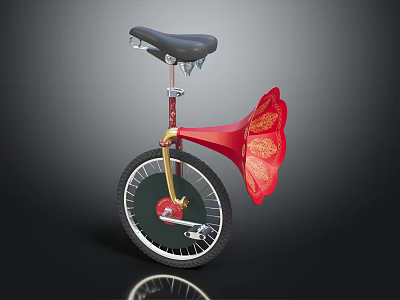 Vintage Unicycle Featuring Black Seat Red Horn Shaped Decoration And Sturdy Wheel 3d model