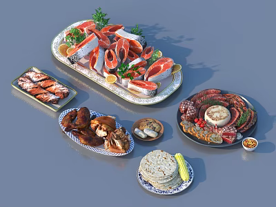 Assorted Delicious Food Platter With Salmon Chicken Shrimp Cheese And Flatbread 3d model