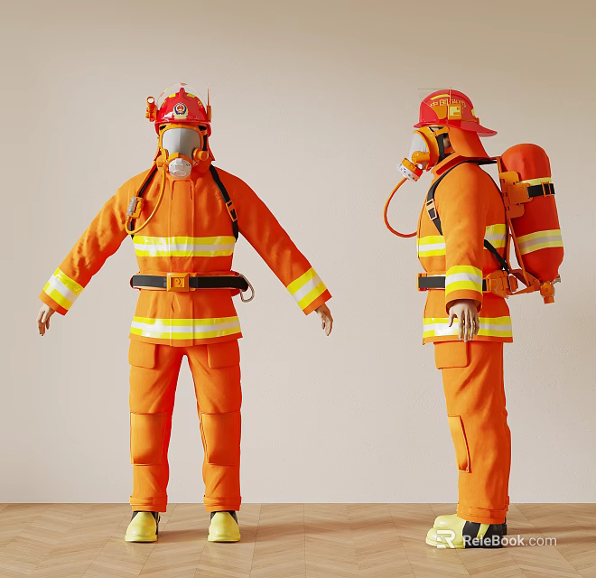 Male Firefighter in Orange Uniform With Helmet Face Mask and Backpack 3d model 
