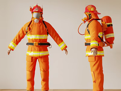 Male Firefighter in Orange Uniform With Helmet Face Mask and Backpack 3d model