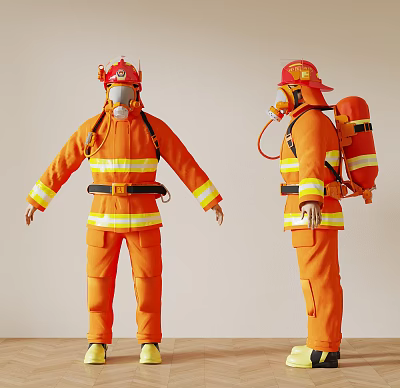 Male Firefighter in Orange Uniform With Helmet Face Mask and Backpack 3d model