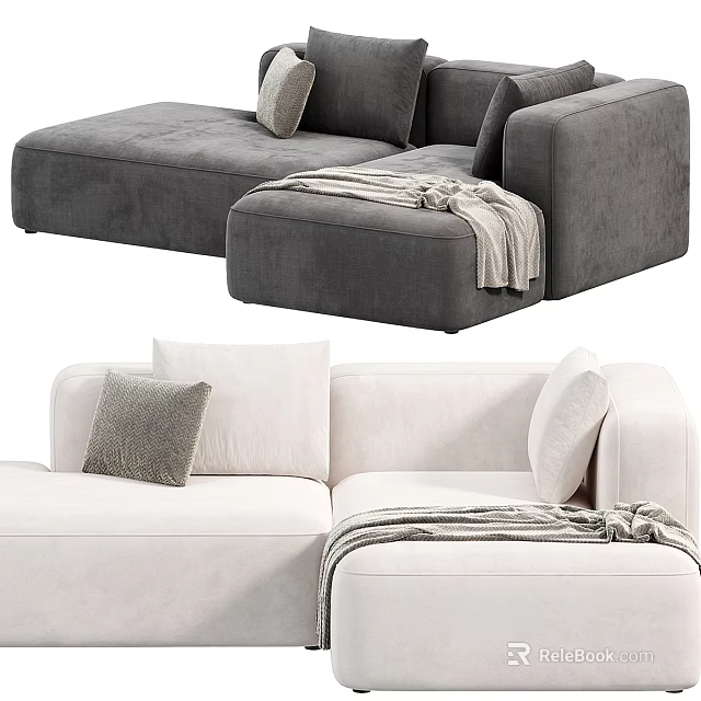 Stylish Gray and White Sectional Sofa with Soft Pillows and Cozy Throw Blanket 3d model 