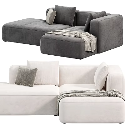 Stylish Gray and White Sectional Sofa with Soft Pillows and Cozy Throw Blanket 3d model