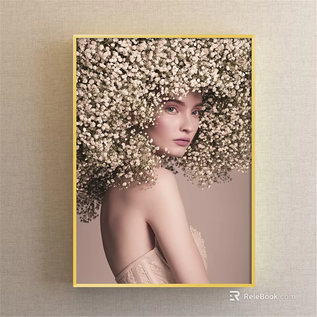 Portrait Painting of Elegant Woman With Baby's Breath Hair Light Background And Golden Frame 3d model 