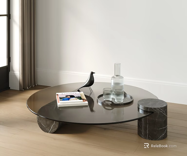 Round Glass Coffee Table with Marble Legs Featuring Magazine Bird Ornament Glass Bottle and Cups 3d model 