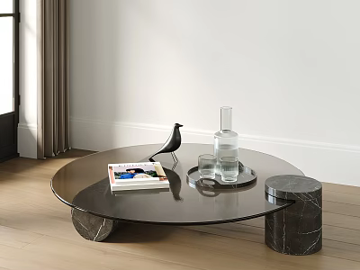 Round Glass Coffee Table with Marble Legs Featuring Magazine Bird Ornament Glass Bottle and Cups 3d model