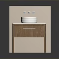 Modern Wooden Bathroom Cabinet With White Countertop And Round Basin And Wall Mounted Faucets