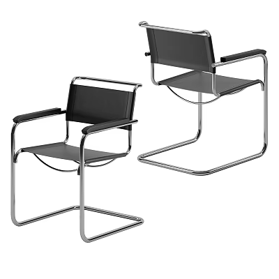 Modern Minimalist Single Chair With Black Leather Seat And Chrome Metal Frame 3d model