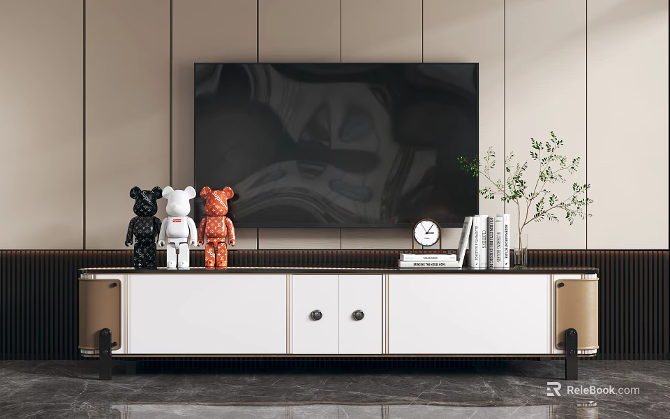 White TV Stand with Gold Accents Featuring Figurines Clock Books and Plant on Wooden Wall 3d model 