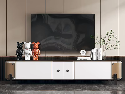 White TV Stand with Gold Accents Featuring Figurines Clock Books and Plant on Wooden Wall 3d model