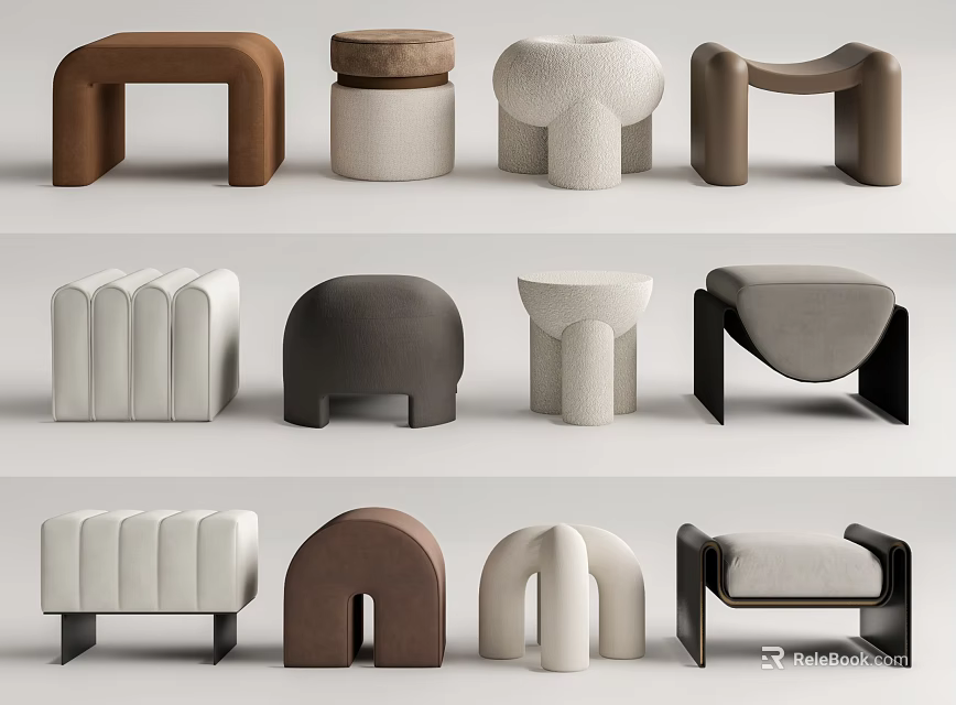 Modern Sofa Stool Collection Featuring Various Upholstered Designs and Neutral Colors 3d model 