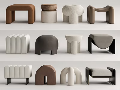 Modern Sofa Stool Collection Featuring Various Upholstered Designs and Neutral Colors 3d model