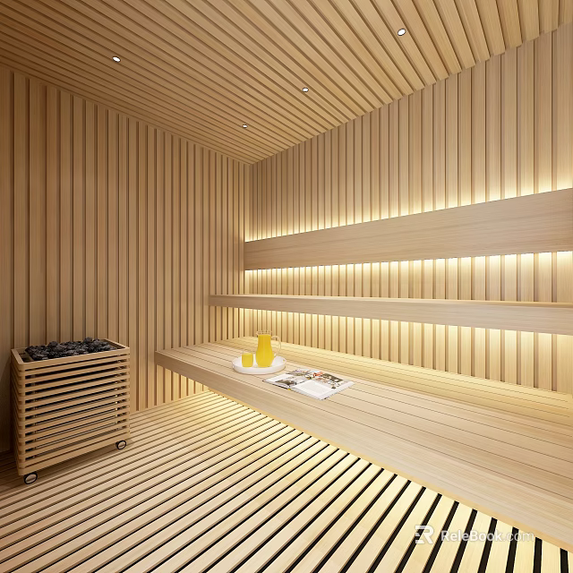 Modern Wooden Sauna Room With Bench Ambient Lighting And Relaxation Area 3d model 