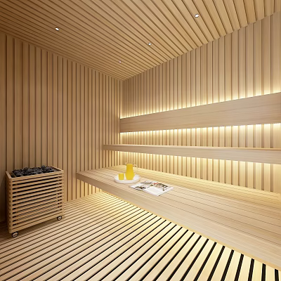 Modern Wooden Sauna Room With Bench Ambient Lighting And Relaxation Area 3d model