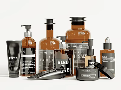 Stylish Bath and Daily Care Products With Labeled Glass Bottles and Pump Dispensers 3d model
