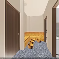 SPA Sauna Lobby Interior With Marble Reception Desk Red Beige Shelves And Green Plant