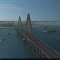 Cable Stayed Bridge Spanning Blue Water With Vehicles On Deck And Boats Below Lush Islands