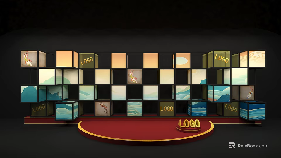 Colorful Cubes With LOGO On Various Patterns And Red Circular Stage 3d model