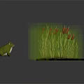 Green Frog Sitting Beside Circular Water Grass Model With Orange Flowers And Soil
