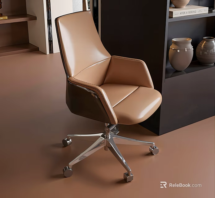 Brown Leather Office Chair With Silver Metal Base Wheels And Dark Bookshelf Vases 3d model 
