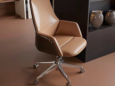 Brown Leather Office Chair With Silver Metal Base Wheels And Dark Bookshelf Vases 3d model
