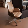 Brown Leather Office Chair With Silver Metal Base Wheels And Dark Bookshelf Vases