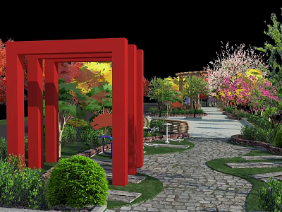 Vibrant Garden Landscape With Red Frame Structure Colorful Trees Stone Path And Green Plants 3d model