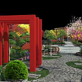 Vibrant Garden Landscape With Red Frame Structure Colorful Trees Stone Path And Green Plants