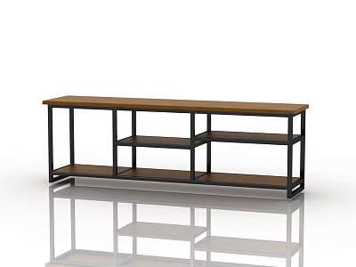Modern TV Stand With Wooden Top Metal Frame And Open Storage Shelves 3d model