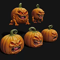 Set Of Spooky Halloween Pumpkins With Angry Faces Curly Vines And Sharp Teeth