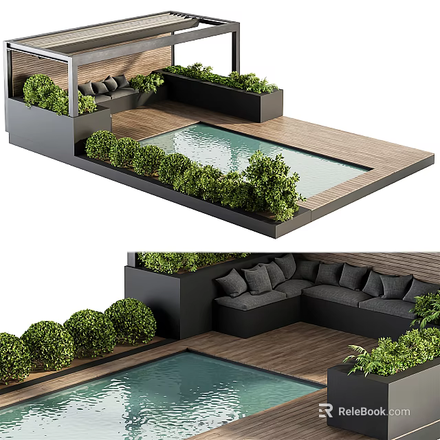 Outdoor Patio Design With Wooden Deck Small Pool Green Plants And Sofa Seating Area 3d model 